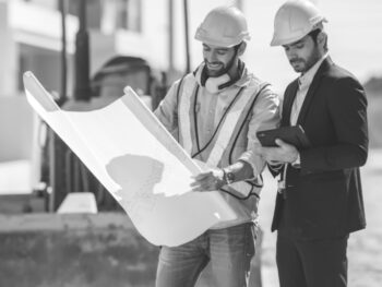 Illustration of construction managers reviewing project tracking software to reduce claims and disputes.