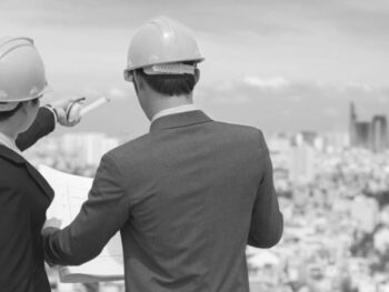 a man and woman wearing hardhats looking at a city construction management leader